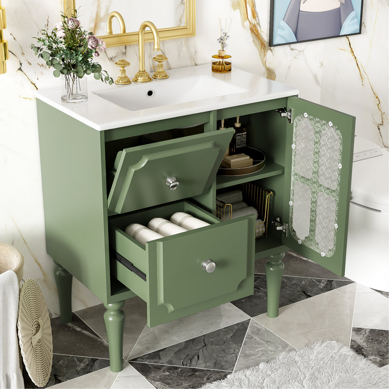 Meuble-lavabo rétro avec lavabo en céramique et grand rangement