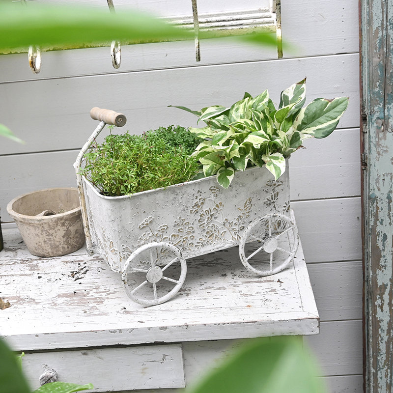 Boîte à fleurs brouette en métal rétro avec poignées en bois (fleur exclue), Gris