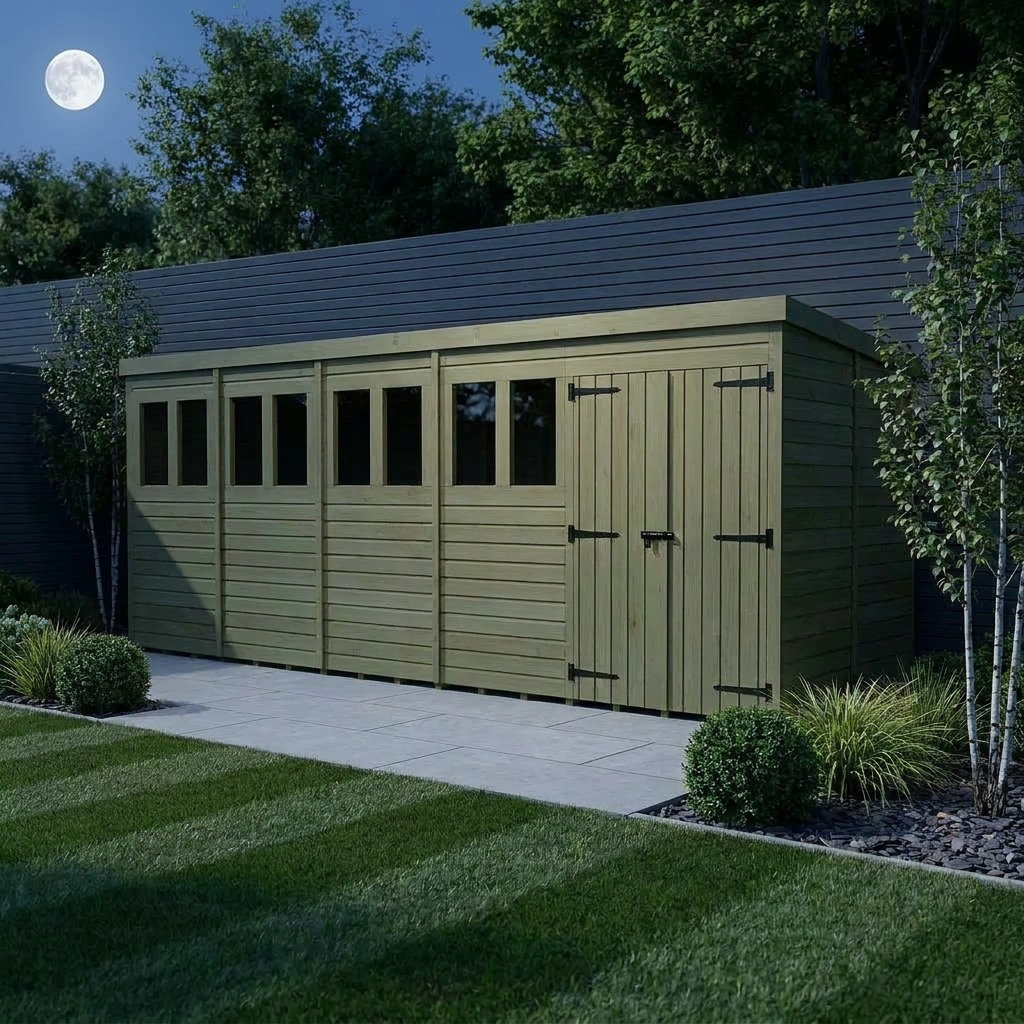Total Sheds 20ft x 6ft Pent Garden Shed - Double Door - With Windows - Pressure Treated Timber - UK Manufactured