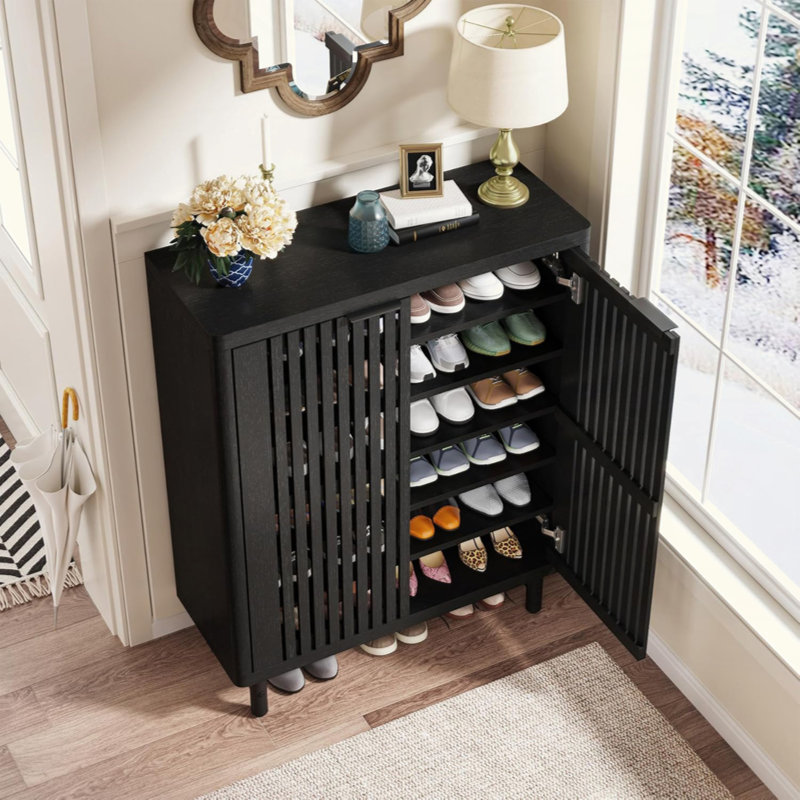 Modern Wooden  6-Tier Shoe Cabinet with Louvered Doors, Black