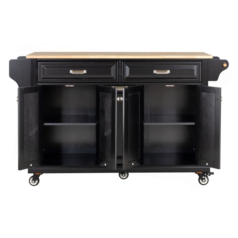Kitchen Island With Rubber Wood Countertop, Kitchen Cart On 5 Wheels With Storage Cabinet And 2 Top Drawers And A Center Double Layered Storage Drawer For Dinning Room, Black