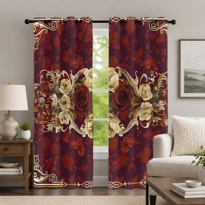 2Pcs Rose-Pattern Curtains, Vintage Floral Style Curtain, Elegant Dark Red Botanical Print Art Grommet Drapes, Window Treatment for Bedroom Living Room Decor