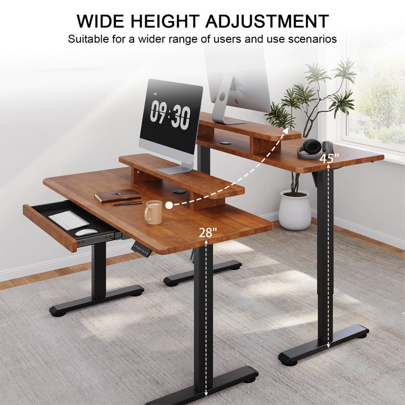 Solid Wood Desktop, Height Adjustable Electric Standing Desk With Monitor Stand, 55X23.6 Inches Whole-Piece Board Rectangle Stand Up Desk, Memory Controller And Pull-Out Drawer For Home & Office
