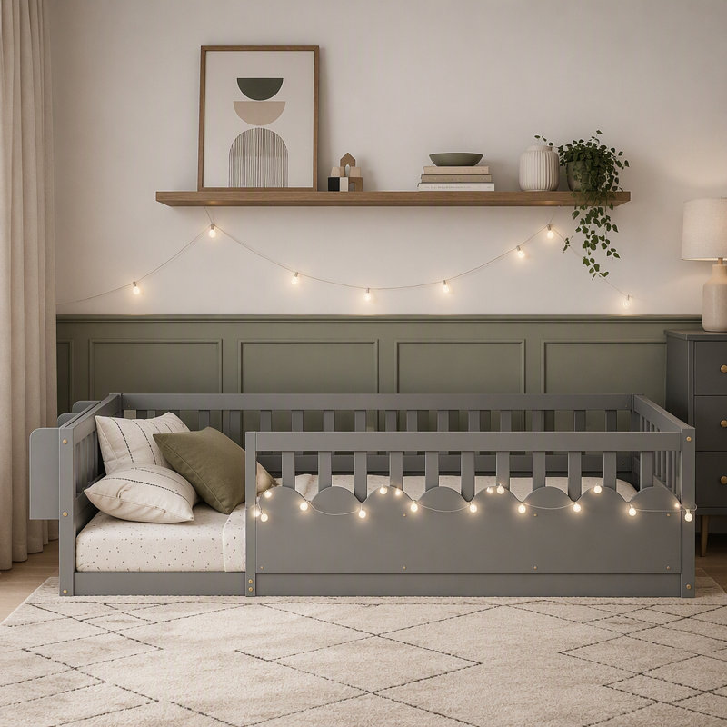 Cadre de lit au sol Montessori avec barrières hautes, lumière DEL et tablette de rangement pour enfants, Lit simple, Gris