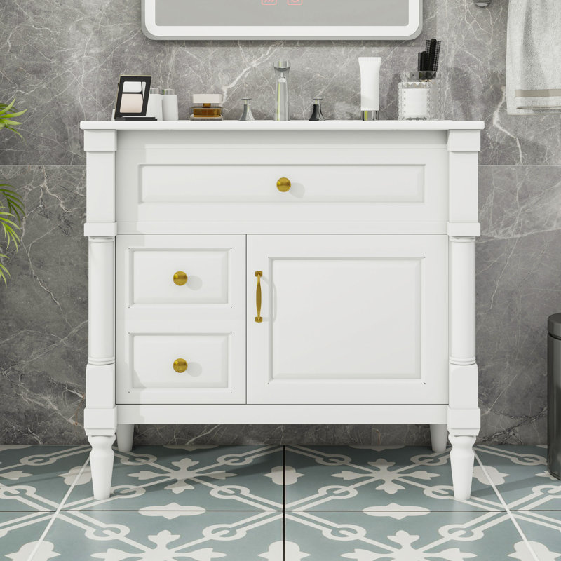 Meuble-lavabo de salle de bain avec lavabo, tiroir rabattable, tablette réglable et rangement pour porte, Blanc