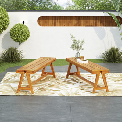Outdoor Dining Benches (Set of 2), Contemporary Acacia Wood Patio Bench with Teak Finish - All-Weather Garden, Deck, Poolside Seating (Original SKU:74464.00)