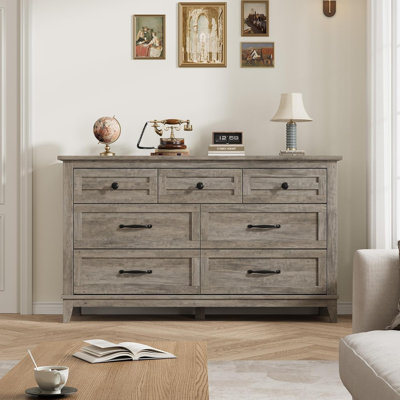 Commode moderne moderne en noyer avec 7 tiroirs spacieux, unité de rangement autoportante pour la chambre à coucher ou le salon