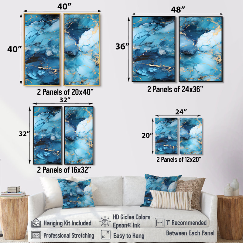 Bord de mer bleu côtier élégant - 2 pièces de décoration murale bleue, H 36 po x l 48 po, Noir