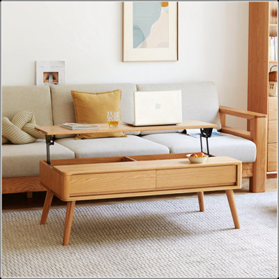 Table basse surélevée 100% chêne massif avec plateau supérieur et tablette de rangement, facile à assembler, couleur naturelle, parfaite pour la maison et le bureau