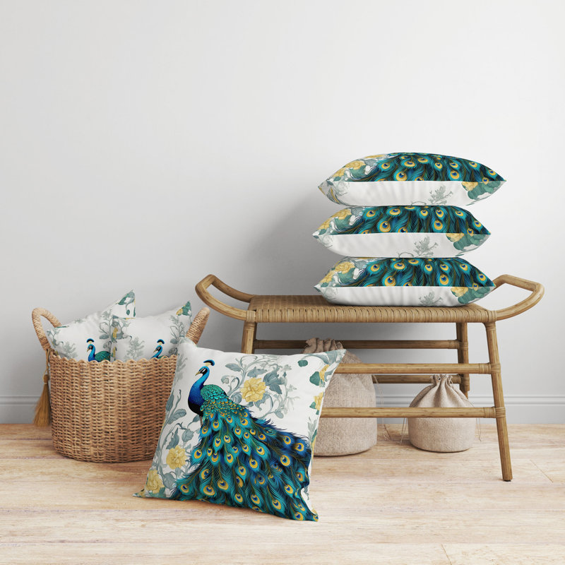 Peacock and Floral Faux Suede Reversible Throw Pillow