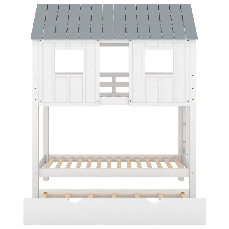 Twin Size House Bunk Bed With Trundle,Roof And Windows