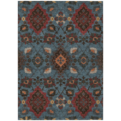 5' X 8' Denim Blue Brick Red And Brown Oriental Washable Indoor Outdoor Area Rug