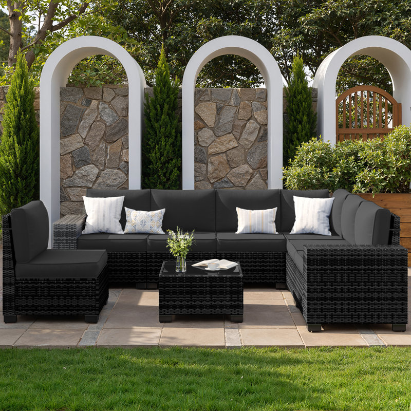 7-Person Outdoor Seating Group With Cushions And  Coffee Table, Black, Black
