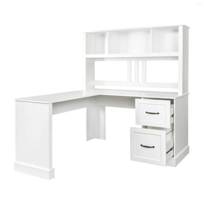 Home Office Computer Desk With Hutch, Antiqued White Finish