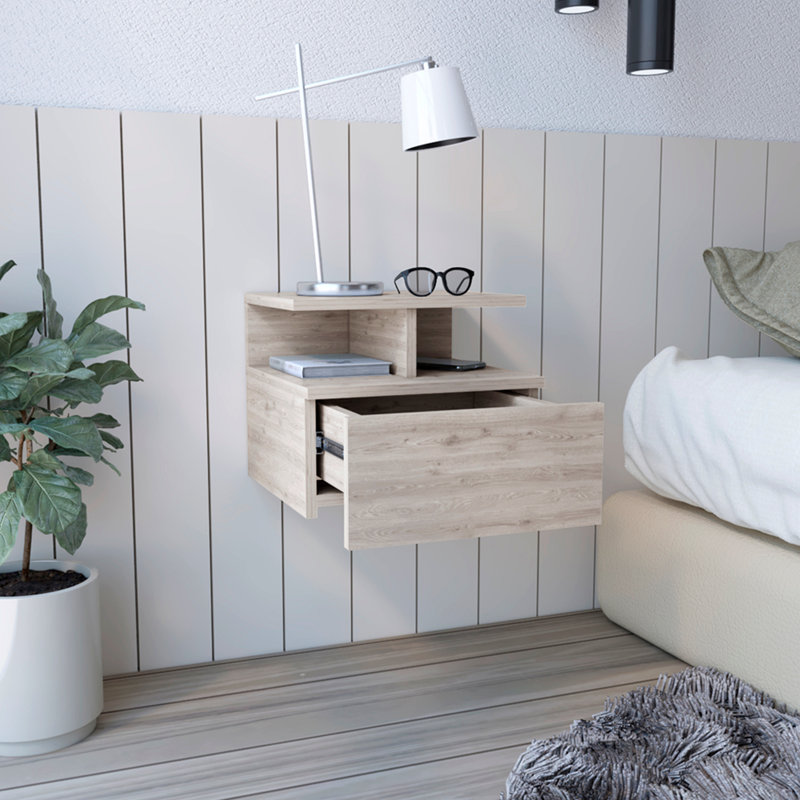Floating Nightstand With Drawer And Open Storage Shelves, Gray