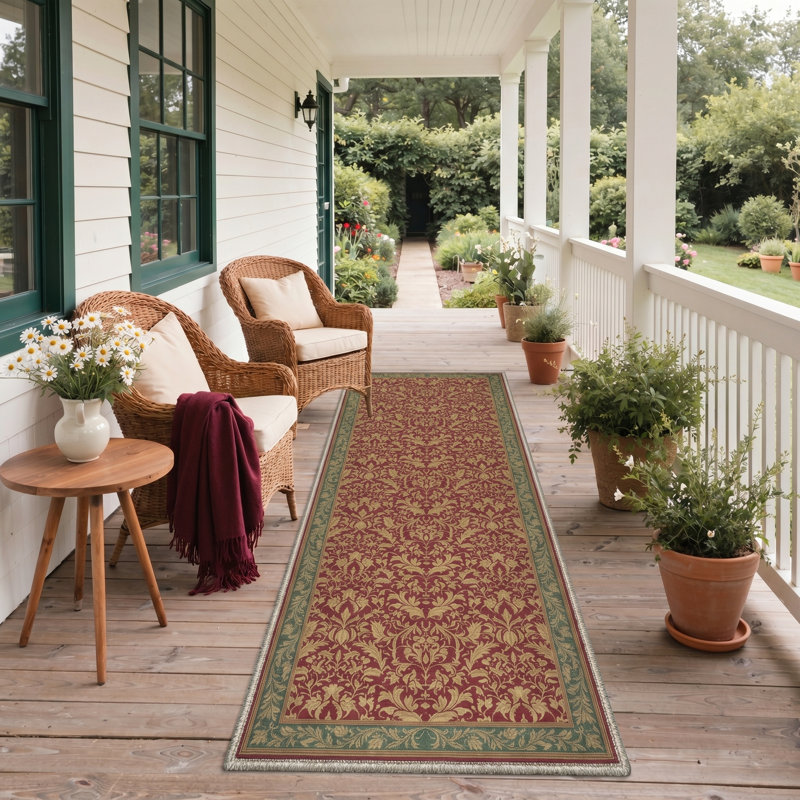 Florvyn Traditional Floral Machine Washable Green / Red / Yellow Indoor Area Rug with Non-Slip Backing, Runner 2'3" x 6'