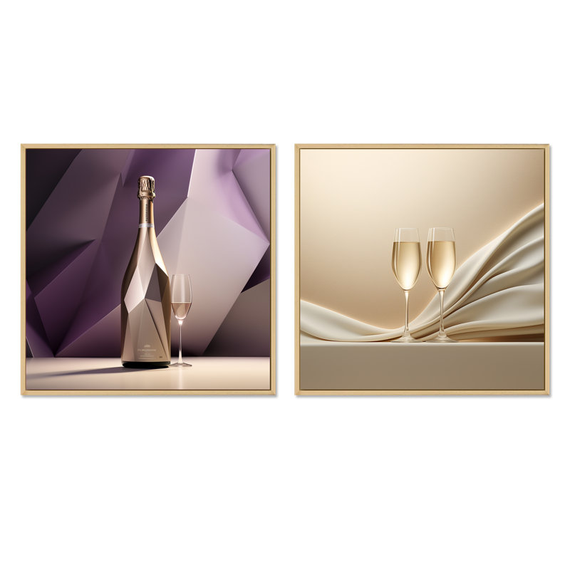 Cubes, raisin, champagne, géométrie, champagne, ensemble de collages carrés, Cadre flottant brun, H 36 po x l 73 po