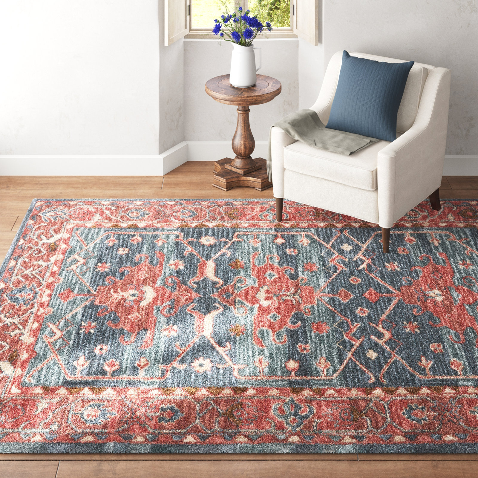 Red Blue Hand-Tufted Wool Oriental Rug, Rectangle 5' x 8'