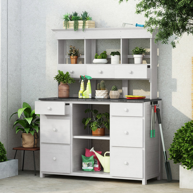 Table de jardin en pot, design rustique et élégant avec plusieurs tiroirs et tablettes de rangement, Blanc