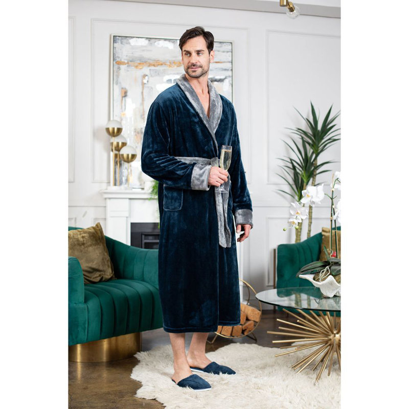  Peignoir en molleton mi-mollet avec poches, G / TG, Bleu marine / gris foncé