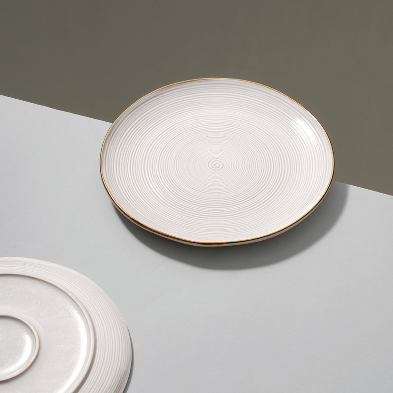 Off-White Ceramic Dinner Plate Set with Delicate Threaded Lines