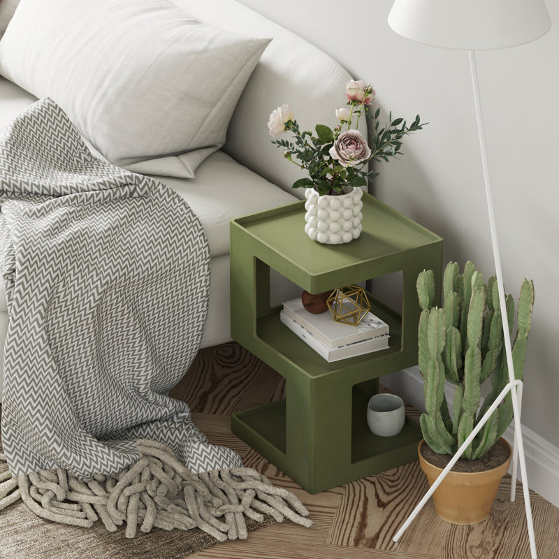 Farmhouse Geometric Wood End Table With 3-Layer Cube Design, Green