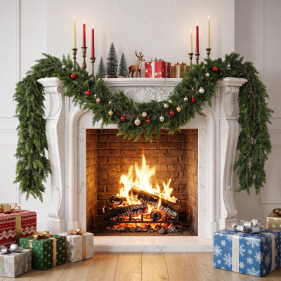 9FT Real Touch Cedar Garland, Lush Artificial Pine Decor with Flexible Wire Branches for Mantel Fireplace Stair Indoor Outdoor, Green