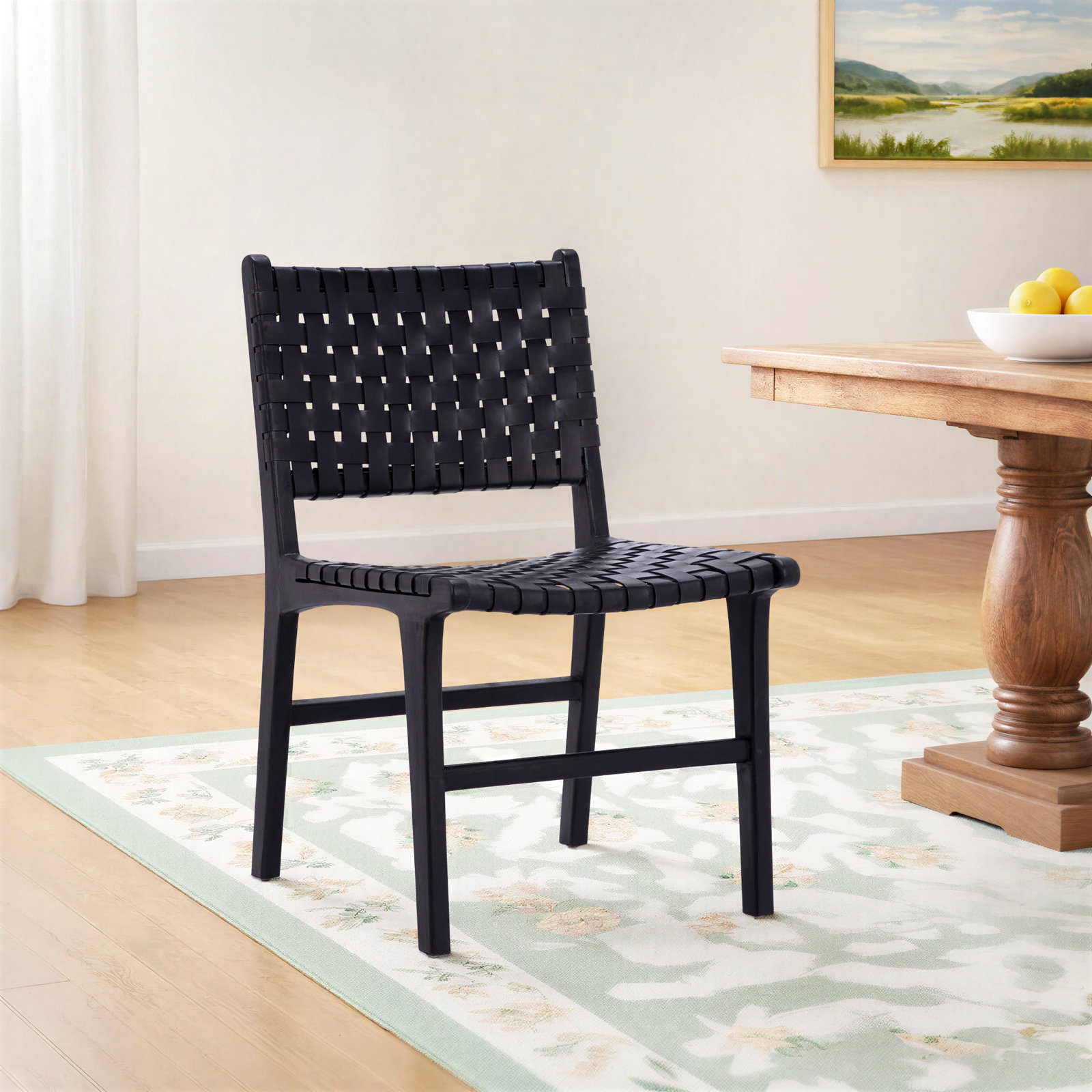 Valeria Top Grain Woven Leather with Teak Frame Dining Side Chair, Antique Black Leather, Black Frame