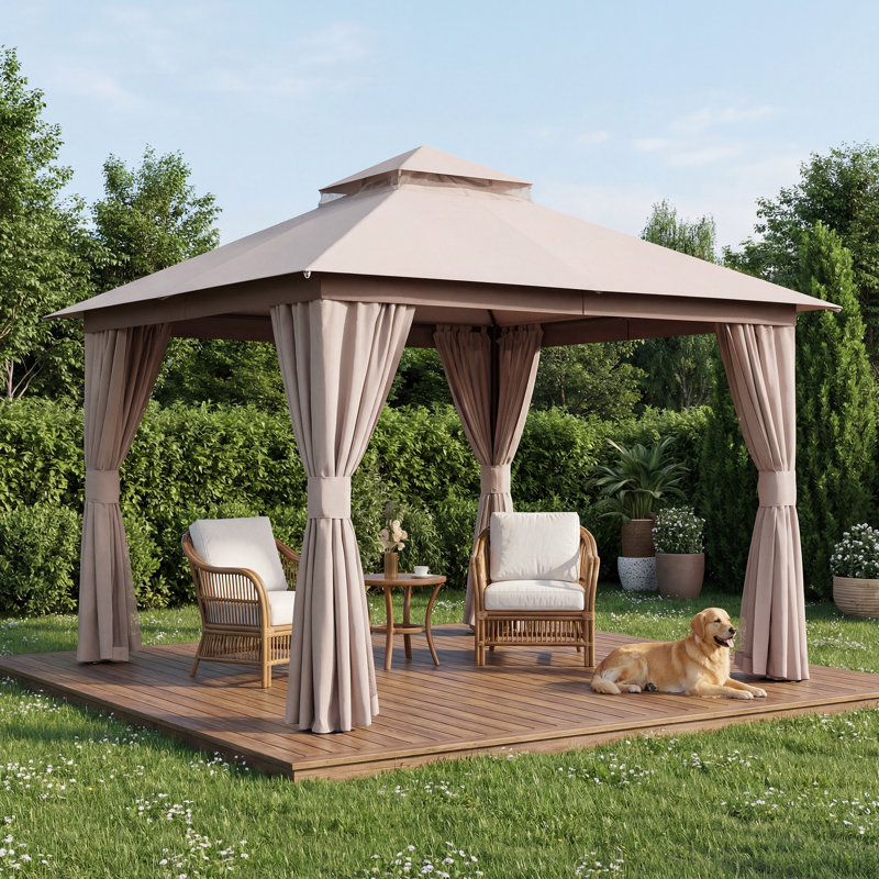 Yardgrace 8'X8' Soft-top Double-Roofed Steel Patio Gazebo, Beige