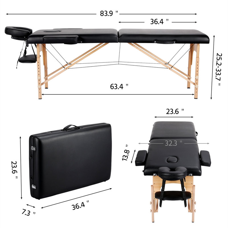 Adjustable Massage Bed Portable Spa Table with Headrest, 25.2" H x 83.9" L x 32.3" D, Black