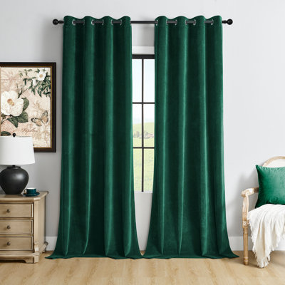 Velvet Curtains Decorative Soft Luxury Blackout Drapes Thermal Insulated Window Curtains 2 Panels Grommet Top, Dark Green, 52"x63"