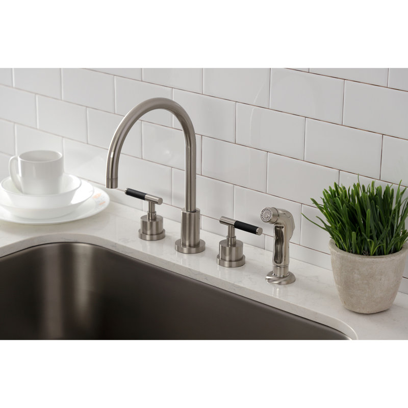 Kingston Brass Kaiser Double-Handle 4-Hole Widespread Kitchen Faucet with Plastic Sprayer, Brushed Nickel