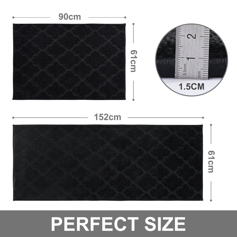 Muhd Kitchen Mat Set of 2, Rectangle 2' x 3'+ 2' x 5', Black