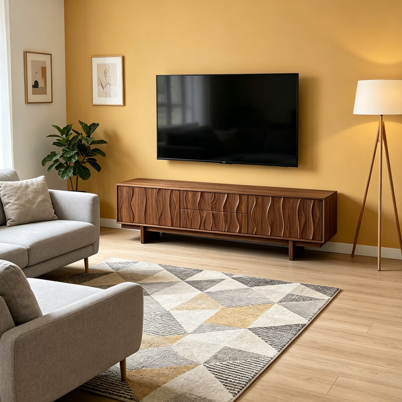 Meuble télé avec rangement à motif de vagues rétro, 22.24"H x 78.74"L x 15.74"W, Brun