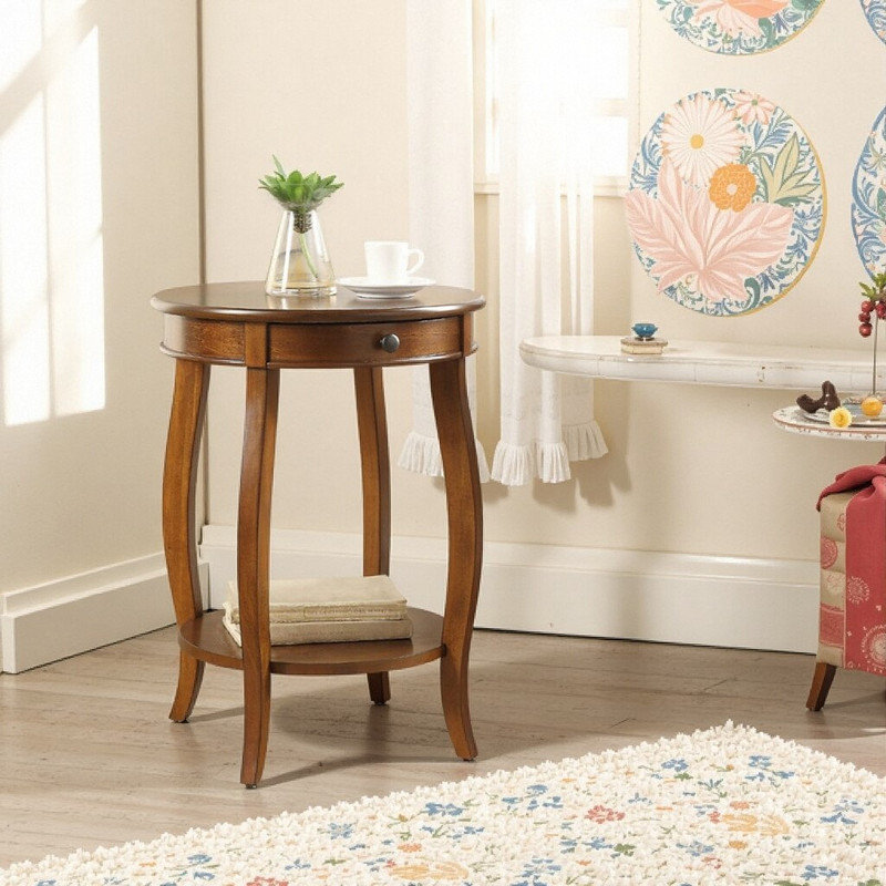 Table d'appoint ronde avec plateau et tiroir, Brun