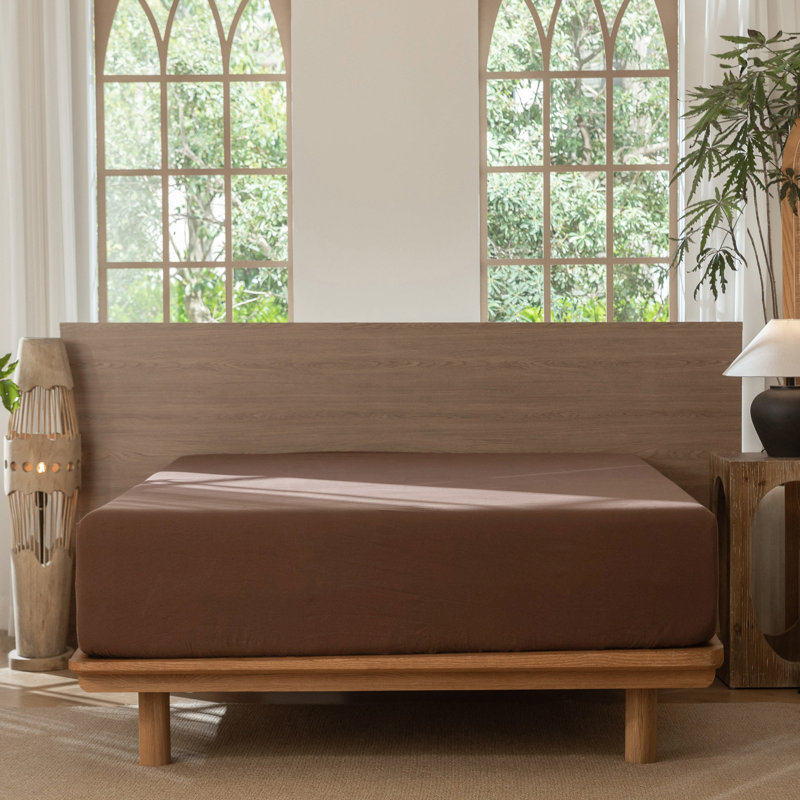 Drap-housse MooMee 100% coton lavé extra profond, Grand lit , Brun cacao