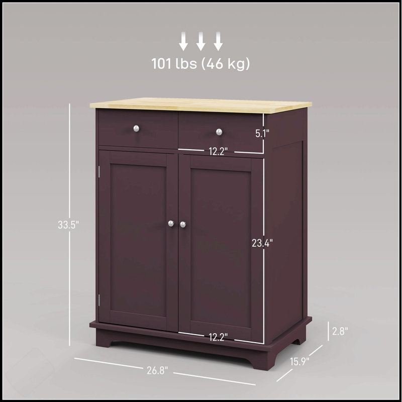 Buffet de comptoir moderne en bois massif avec 2 tiroirs, portes et tablette réglable pour rangement dans la cuisine et bar