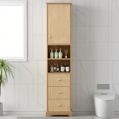 67.7" Tall Freestanding Bathroom Cabinet, Traditional American Style, 1 Door With Adjustable Shelf, 3 Drawers, Open Storage, Gold Metal Handles, Damping Hinges, Space-saving Design