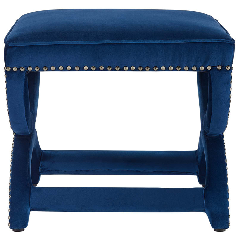 Navy Blue Tufted Velvet Footstool with Nailhead Trim