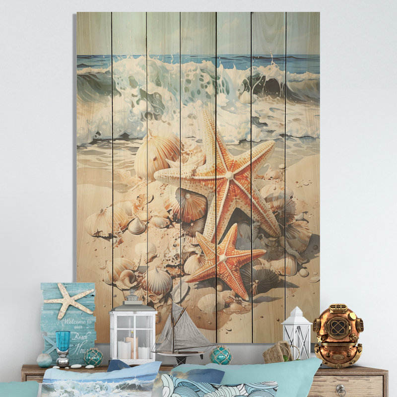 Étoile de mer sur la plage I - Tropical côtier sur bois, H 32 po x l 24 po