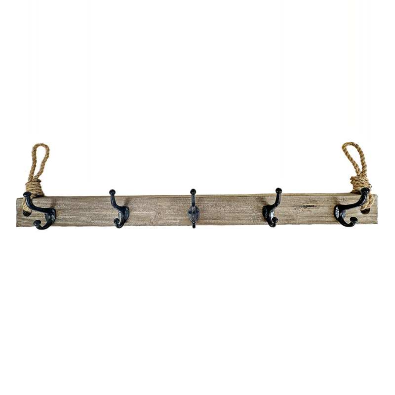 Porte-manteau suspendu en bois avec corde – 5 crochets