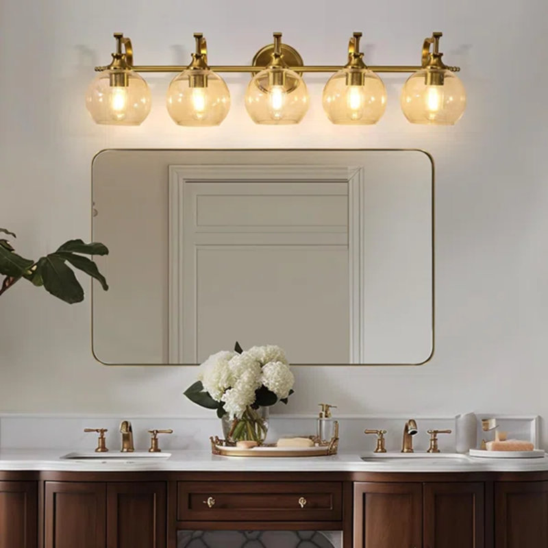 Modern Globe Clear Glass Bathroom Vanity Light Fixture with Metal Gooseneck Frame, 5, Brushed Gold