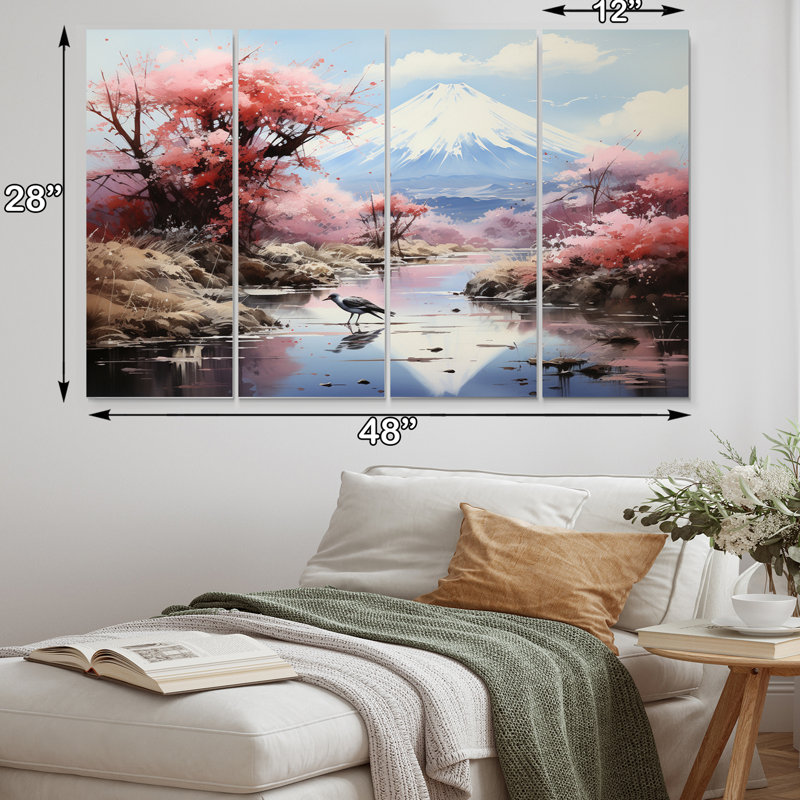 «Japon Art Pink Mount Fuji I», reproduction d'art sur toile japonaise - 4 panneaux