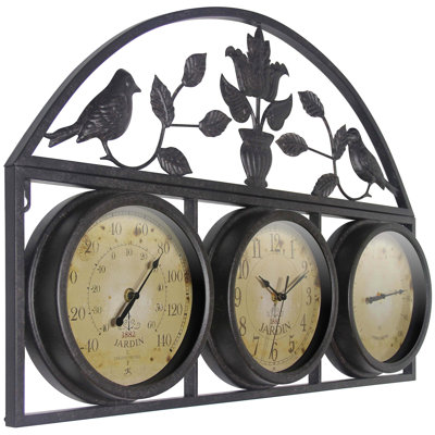 Jardin Indoor/Outdoor Clock/Thermometer/Hygrometer, Brown, 26" x 17.25"