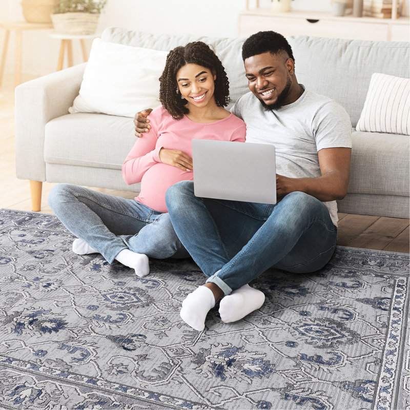 8X10 Grey/Blue Area Rug - Non-Shedding, Stain , Smooth Surface For Dining Room In Living Room, Office, Rectangle 7'10" x 9'9"