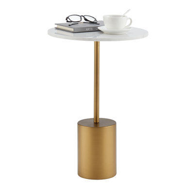 Ibach Midcentury Modern Accent Table with Gold Metal Base and Genuine White Marble Stone Tabletop