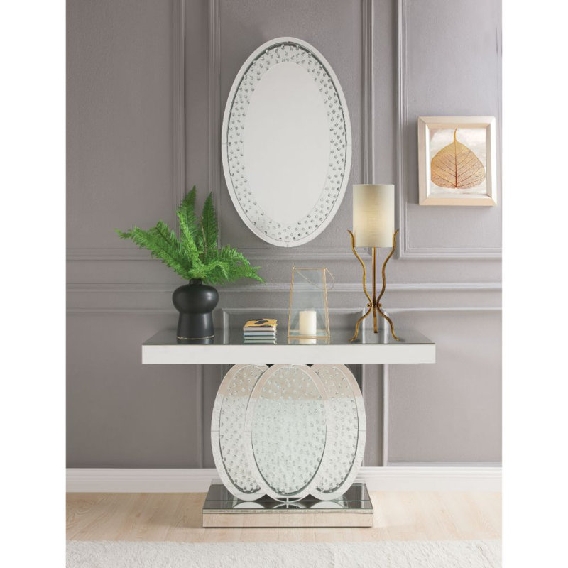 Longo Glam Rectangular Console Table with Pedestal Base in Mirrored & Faux Crystals