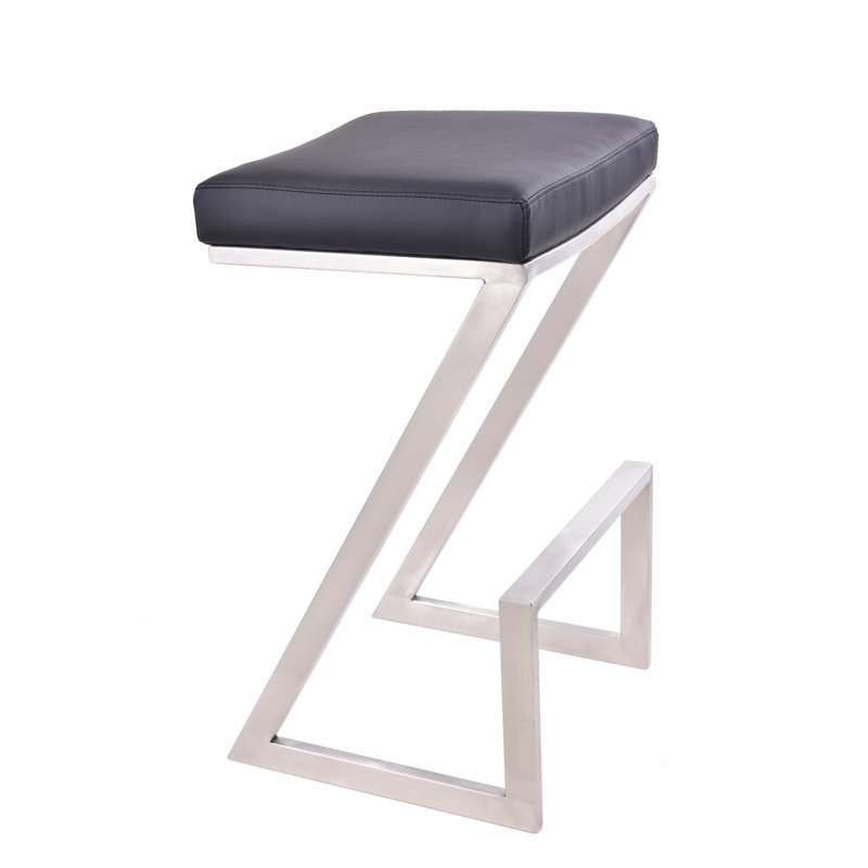 Bova Modern Backless Counter or Bar Height Barstool with Footrest in Metal and Faux Leather, Black/Chrome