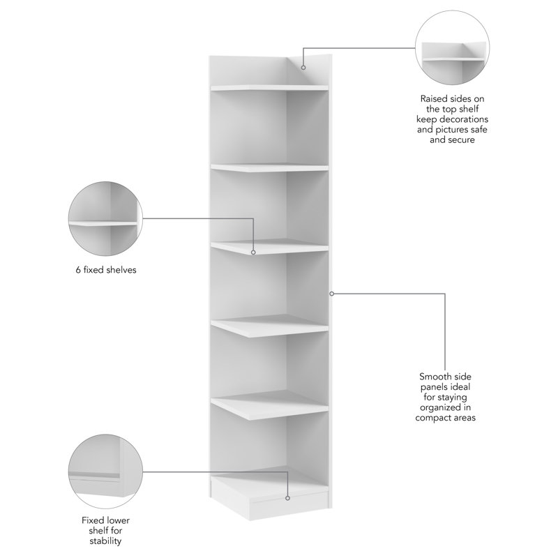 Universal 15W Tall Corner Bookshelf in White - Engineered Wood
