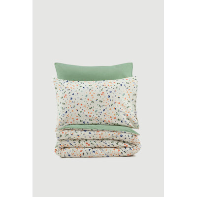 Ensemble de housse de couette simple 100% coton de qualité supérieure Ranforce, vert, blanc, orange et bleu foncé | Housse de couette 61,0 po x 86,6 po et taie d'oreiller 31,5 po x 31,5 po | Lavable à la machine, 145 fils, fermeture à boutons, conception élégante